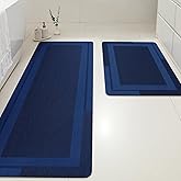 Ultra Thin Bath Mat, Upgrade Backing Non Slip Thin Bath Mats Fit Under Door, Quick Dry Ultra Absorbent Bathroom Rugs, Machine Washable Bath Rugs for Bathroom, Dark Blue/Bordered/24"x17"+48"x20"