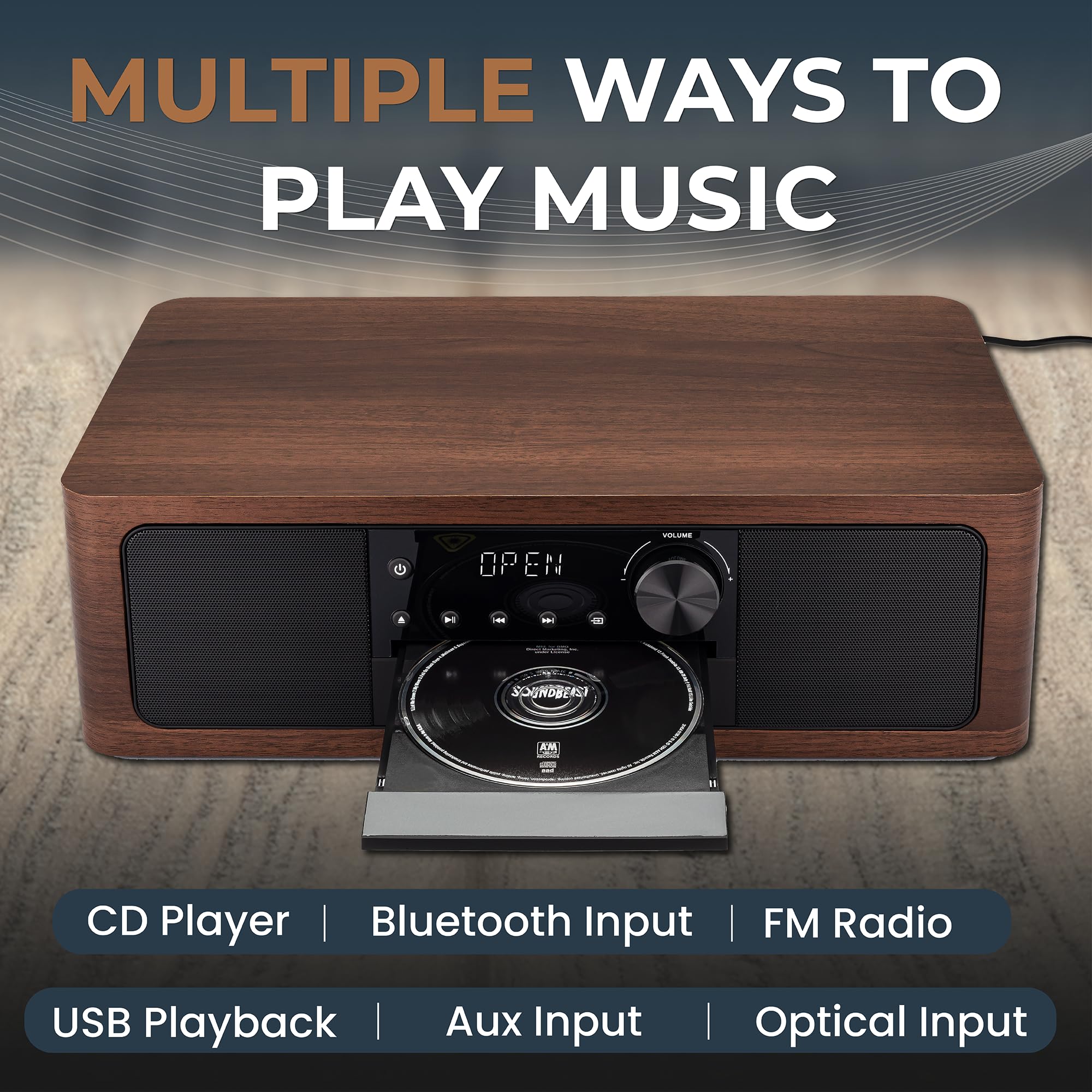 SoundBeast Stereo Shelf System with CD Player, Bluetooth, FM Radio, USB Playback, Aux in, Optical in, Alarm Clock, & Remote Control