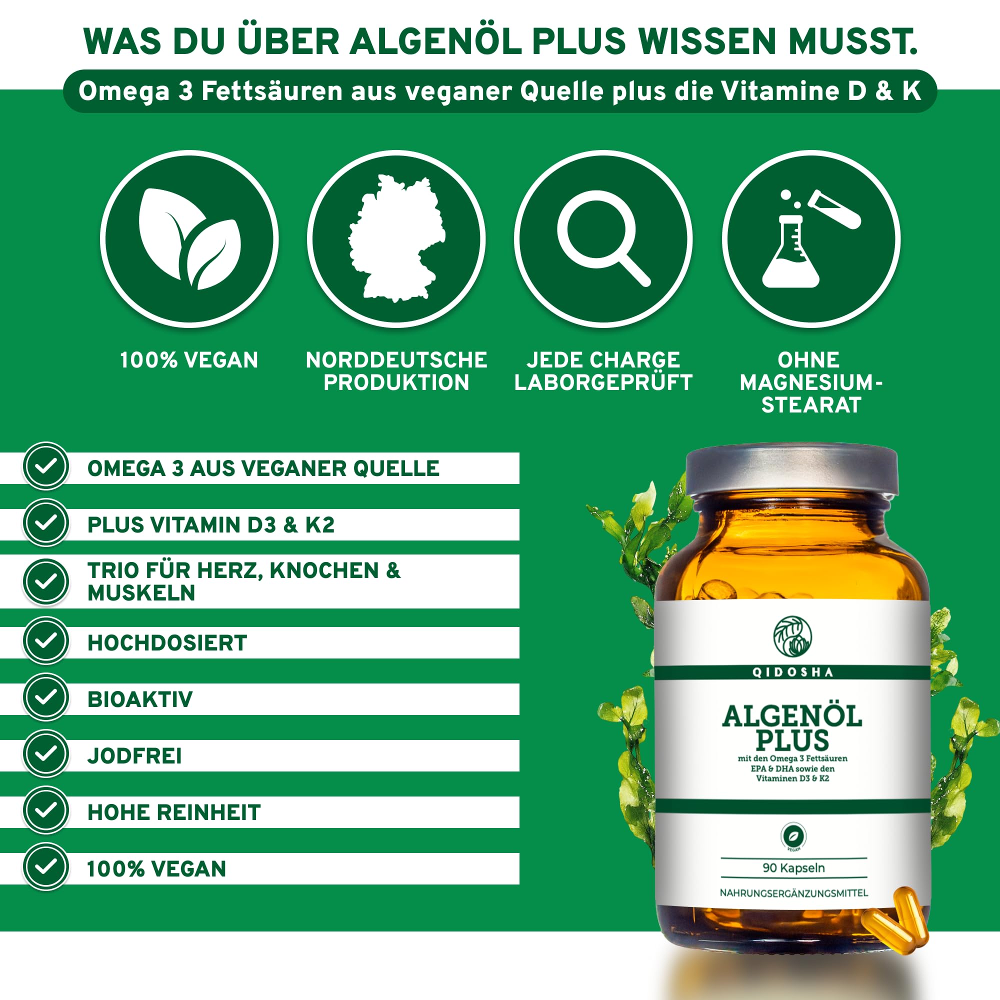 QIDOSHA® Omega 3 Algenöl Kapseln plus Vitamin D3 und K2 mit dem Markenrohstoff "Life's Omega" von DSM aus den Niederlanden, 90 vegane Kapseln im Apothekerglas 2