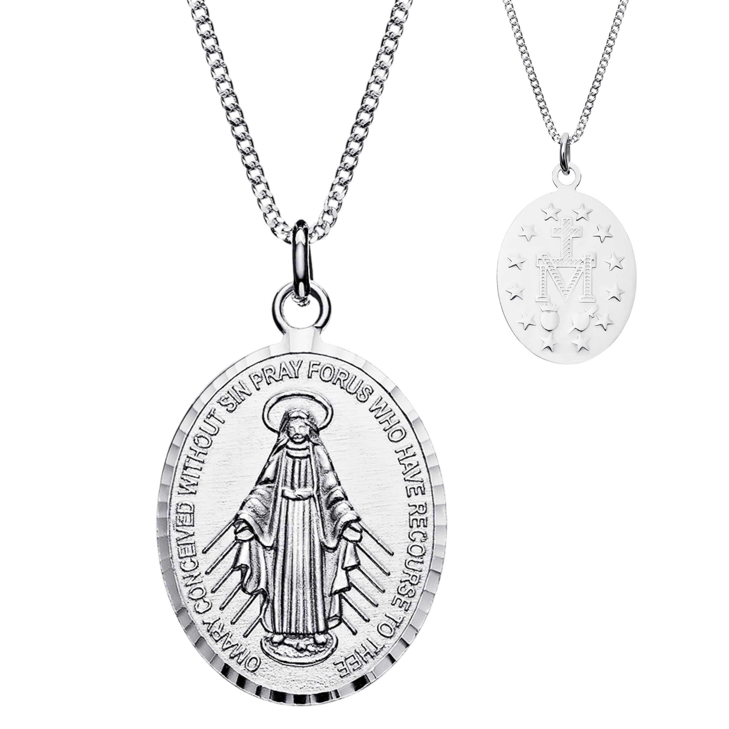 Aeon Real Sterling Silver Miraculous Medal Pendant Necklace for Women and Men. Adjustable Chain from 16 inches to 18 inches.Christian Holy Mary Medal
