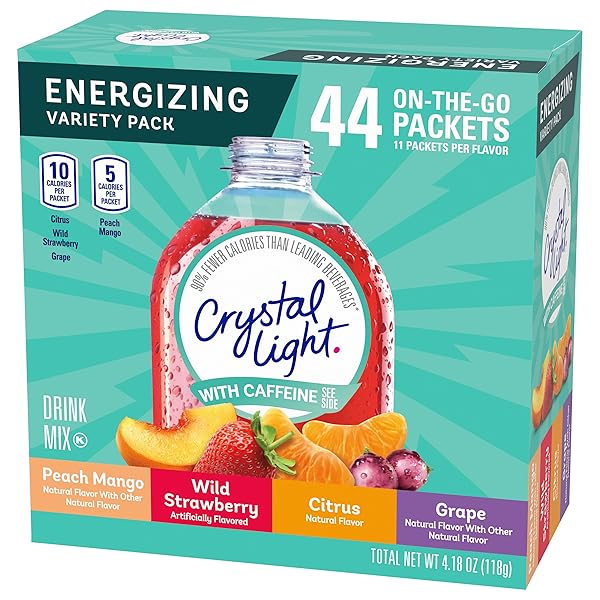 CRYSTAL LIGHT ENERGIZING DRINK MIX WITH CAFFEINE VARIETY PACK, 44 PACKETS FOR ON-THE-GO HYDRATION, PEACH MANGO, WILD STRAWBERRY, CITRUS, GRAPE, NATURALLY AND ARTIFICIALLY FLAVORED, ZERO SUGAR, 4.18 OZ
