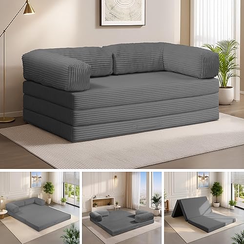 5-in-1 Convertible Sofa Bed Queen,Tri-Fold Mattress with Removable L-Shaped Armrests,Corduroy Boneless Couch Floor Sofa Futon Couch Sleeper with Pull Out Bed for Living Room Bedroom Apartment