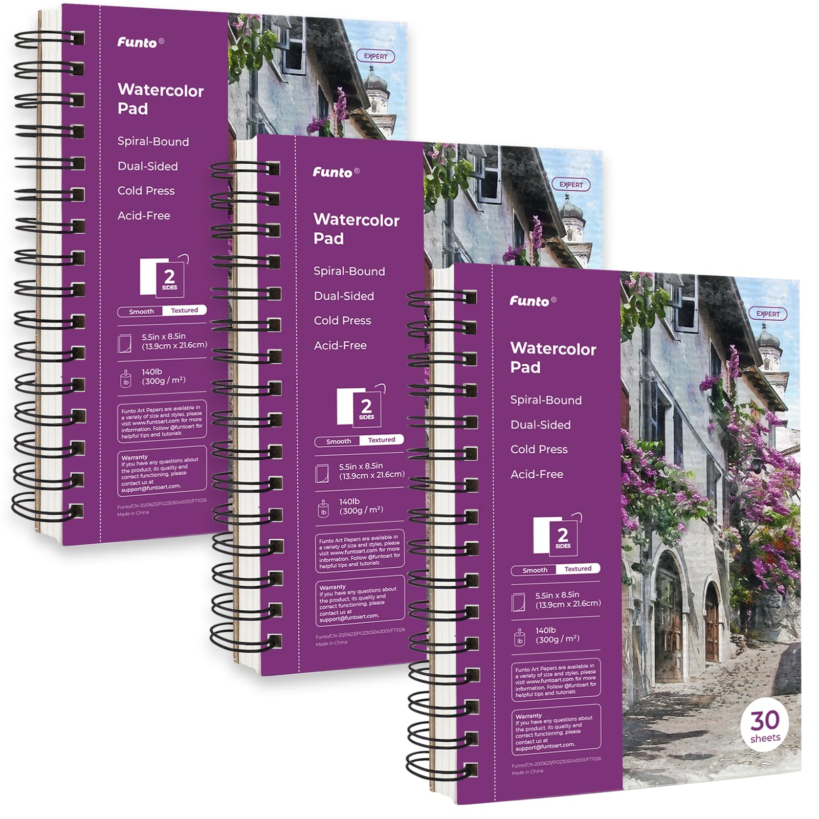 Funto Watercolour Pad 5.5x8.5, 3-Pack, 90 Sheets (140 lb/300 GSM), Spiral Bound, Double-Sided Cold Press Paper, Heavyweight Paper for Watercolour Painting, Ideal for Beginners, Artists