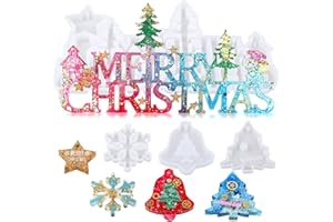 Mocoosy Merry Christmas Letter Resin Molds Silicone, Christmas Ornaments Molds for Epoxy Resin Casting Set, Xmas Resin Craft Include Snowflake Christmas Tree DIY Holiday Christmas Hanging Decorations