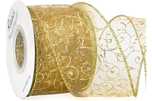 Ribbli Swirl Glitter Wired Ribbon, Gold Organza Sheer with Gold Glitter Swirl Pattern and Metallic Edge,2-1/2Inch x 10Yards Christmas Ribbon for Tree Decoration