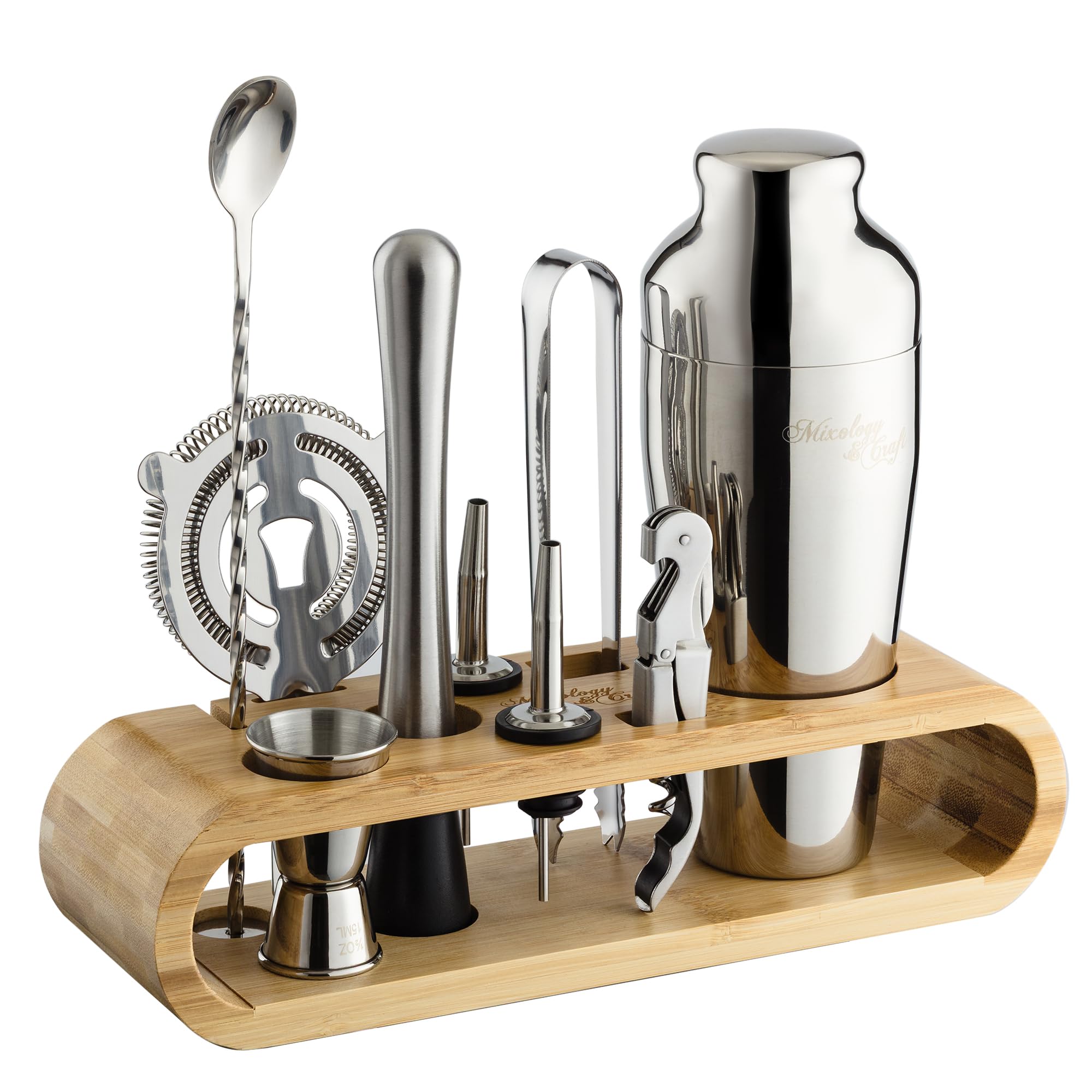 Mixology & Craft Cocktail Shaker Set with Bamboo Stand - Professional 18oz 10-Piece Bartender Kit - Complete Bar Set & Cocktail Mixer Kit for Home (Silver) Image