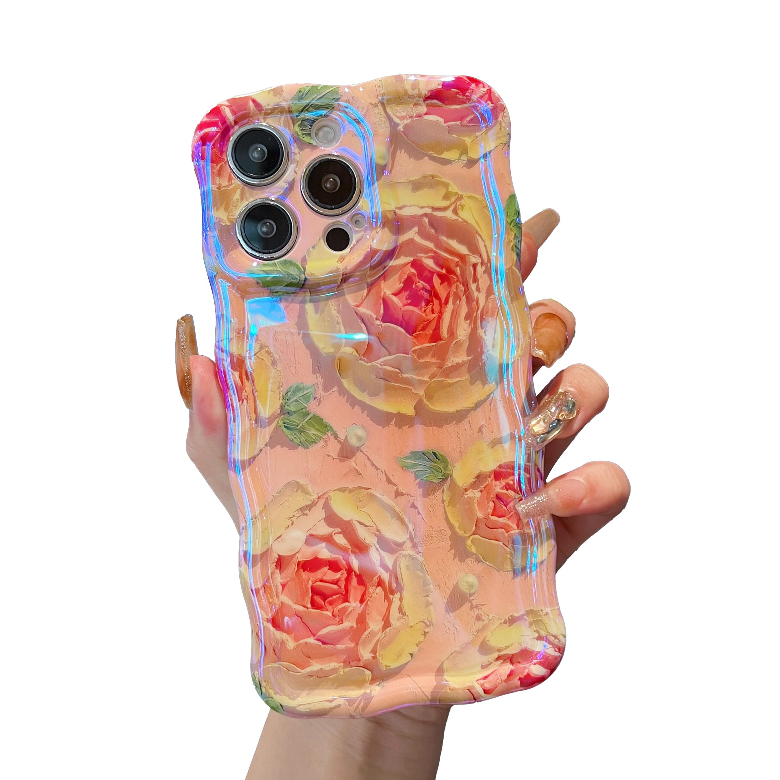 XIZYO Colorful Retro Oil Painting Flower Case for iPhone 13 Pro, Curly Wave Frame Laser Glossy Cute Floral Aesthetic Phone Case, Girls Women Slim Soft TPU Shockproof Cover, Pink Rose/Pink