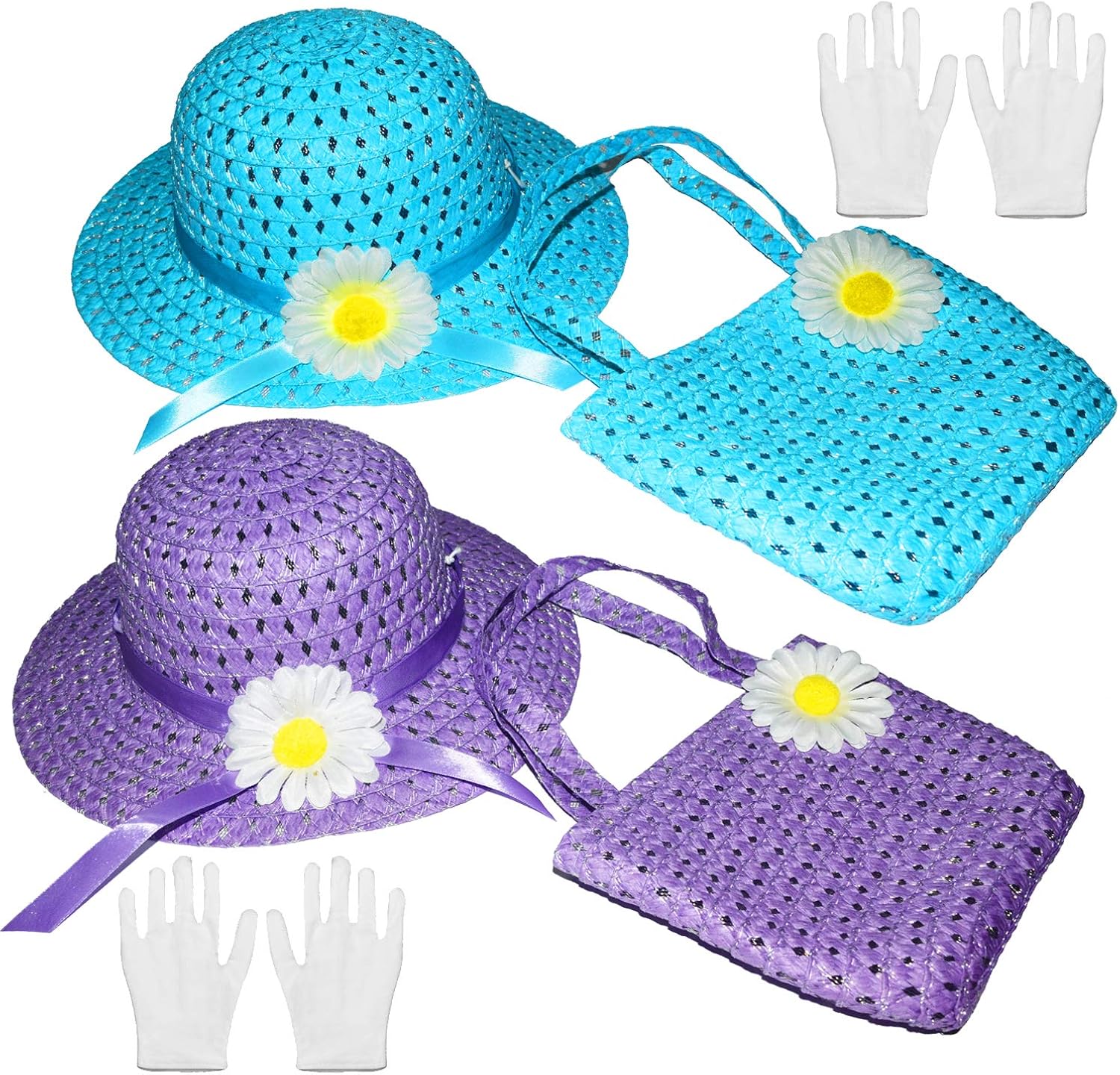 Vegove 6 Girls Tea Party Straw Hats Princess Country Girl Dress Up with Purse and Glove: Clothing