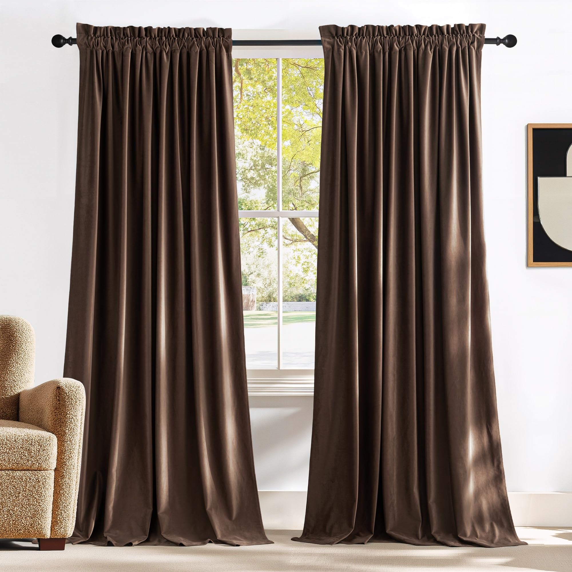 Photo 1 of NICETOWN Brown Velvet Room Darkening Curtains 90 inches Long, Home Decor Light Blocking Thermal Insulated Drapes for Bedroom and Movie Room (Set of 2, 52 x 90)