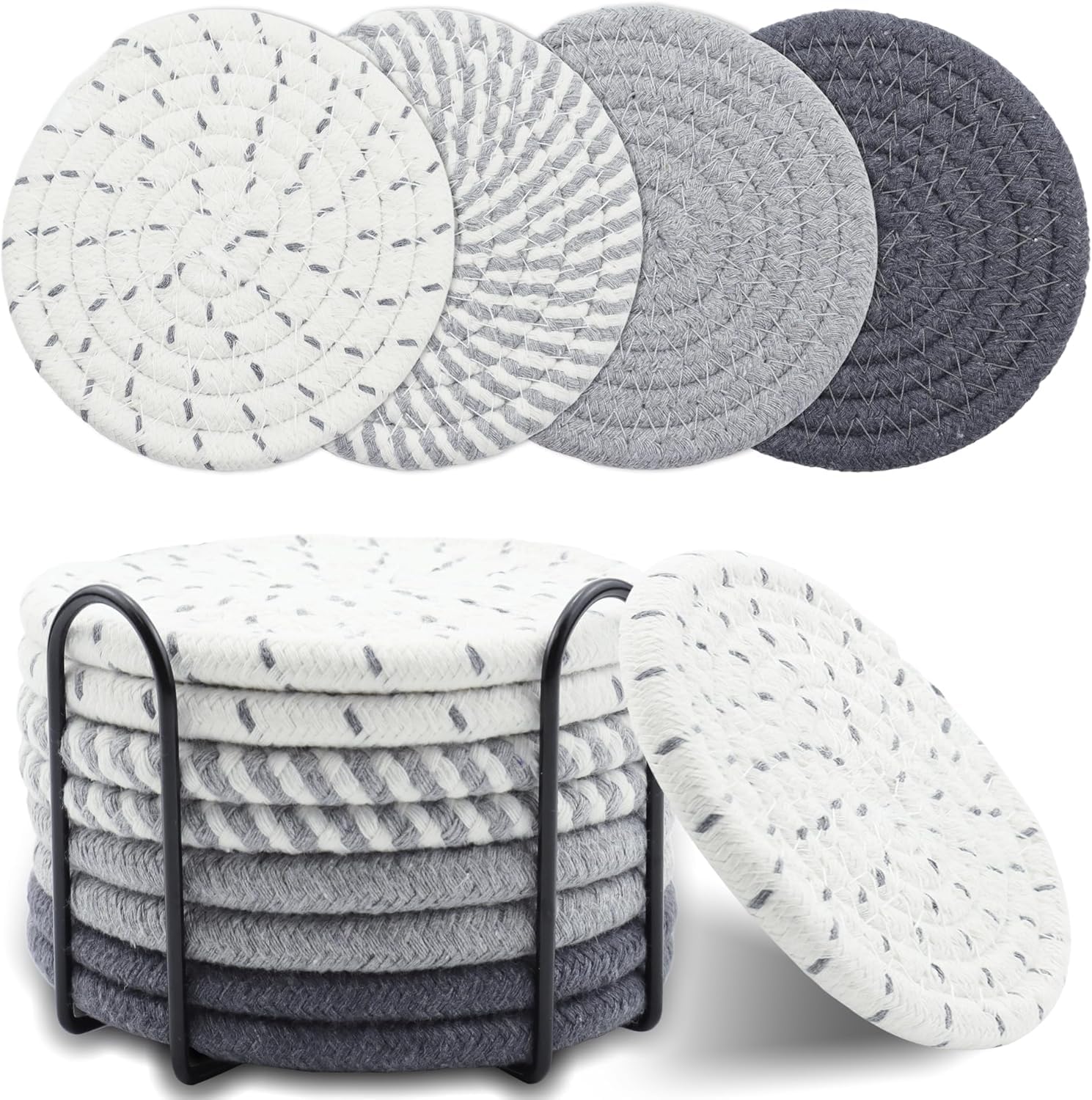 MEETOZ 8 Pcs Drink Coasters with Holder, Minimalist Cotton Woven Coaster Set, 4 Colors Absorbent Coaster Protection for Home Decor Tabletop Protection Suitable for Kinds of Cups, 4.3 In (Grey)