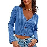 Saodimallsu Womens Cropped V Neck Cardigan Sweaters Long Sleeve Button Down Chunky Ribbed Knit Loose Crop Sweater Tops