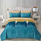 WONGS BEDDING Teal Comforter Set Queen,7 Pieces Bed in a Bag Colorful Abstract Art Gradient Comforter Soft Microfiber Bedding Set with Comforter, Flat Sheet, Fitted Sheet, Pillow Shams,Pillowcases