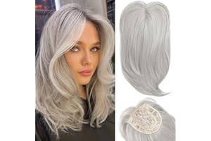 HOOJIH Hair Topper, Short Layered Hair Topper with Bangs for Women with Thinning Hair 14 Inch Slightly Curled Ends Wiglets Synthetic Fiber Hair Pieces for Women - Silver Gray With Little Brown Mixed