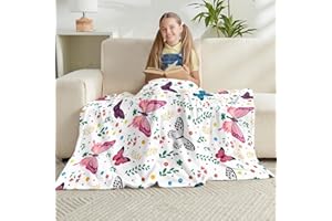 Jameswish Butterfly Kids Throw Blanket for Girls Teens White Soft Fuzzy Flannel Bed Blanket for Women Adults Plush Colorful Flowers Blanket,60”x80”