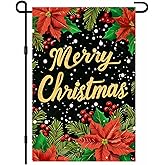 IVN Christmas Garden Flag 12x18 Inch Double Sided Merry Christmas Text with Poinsettia Flowers and Holly Leaves Outdoor Yard Flag for Outside Home Front Door Lawn Porch Patio Welcome Decor