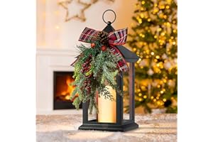 JOHUNT Christmas Decorative Lantern Indoor, Black Lantern with Timer, Vintage Lanterns Waterproof with Battery Operated Candle, Outdoor Hanging Lanterns for Porch Patio Wedding Decor Christmas Gifts