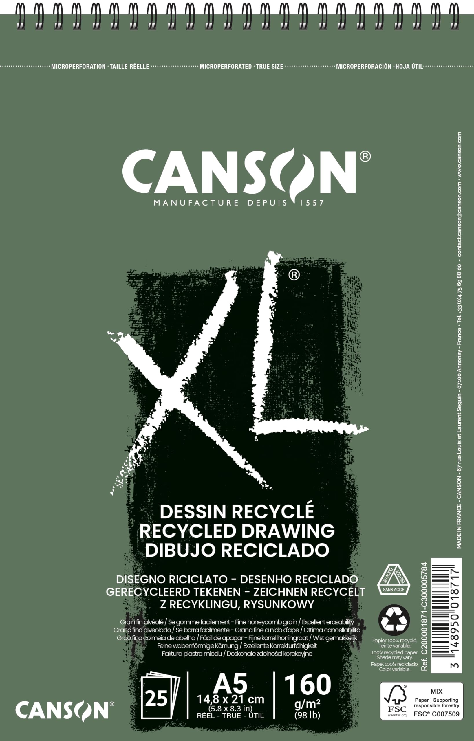 CANSON XL Recycled Drawing 160gsm A5 Paper, Fine Honeycomb Grain, Spiral Pad Short Side, 25 White Sheets, For Professional Artists & Illustrators