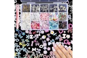 CESUSME 3D Nail Charms Gems, Silver Gold Planet Cross Nail Gems, Cute Heart Flower Butterfly Bowks Nail Pearls Charms for Junk Cases Nail Art DIY Crafts Accessories