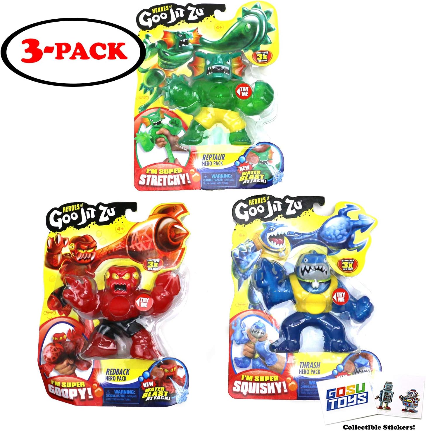 Heroes of Goo JIT Zu (3 Pack) Thrash, Redback, Reptaur, Series 2 Water Blast Attack with 2 GosuToys Stickers