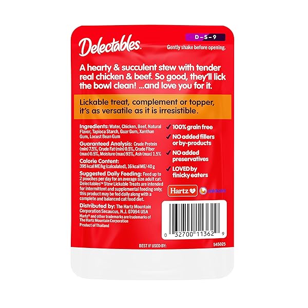 HARTZ DELECTABLES NON-SEAFOOD STEW LICKABLE WET CAT TREATS, CHICKEN & BEEF, 1.4 OUNCE (PACK OF 12)