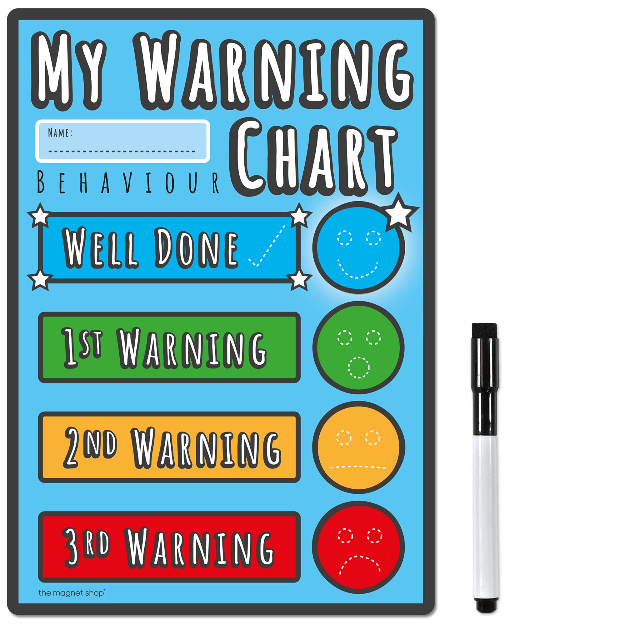 TMS Behaviour Warning Chart and Reward Chart for Children - Dry Wipe Magnet with Colour in Stars and a Magnetic Dry Erase Pen for Toddlers, Kids, Boys, Girls (Blue, A5 Warning Chart)