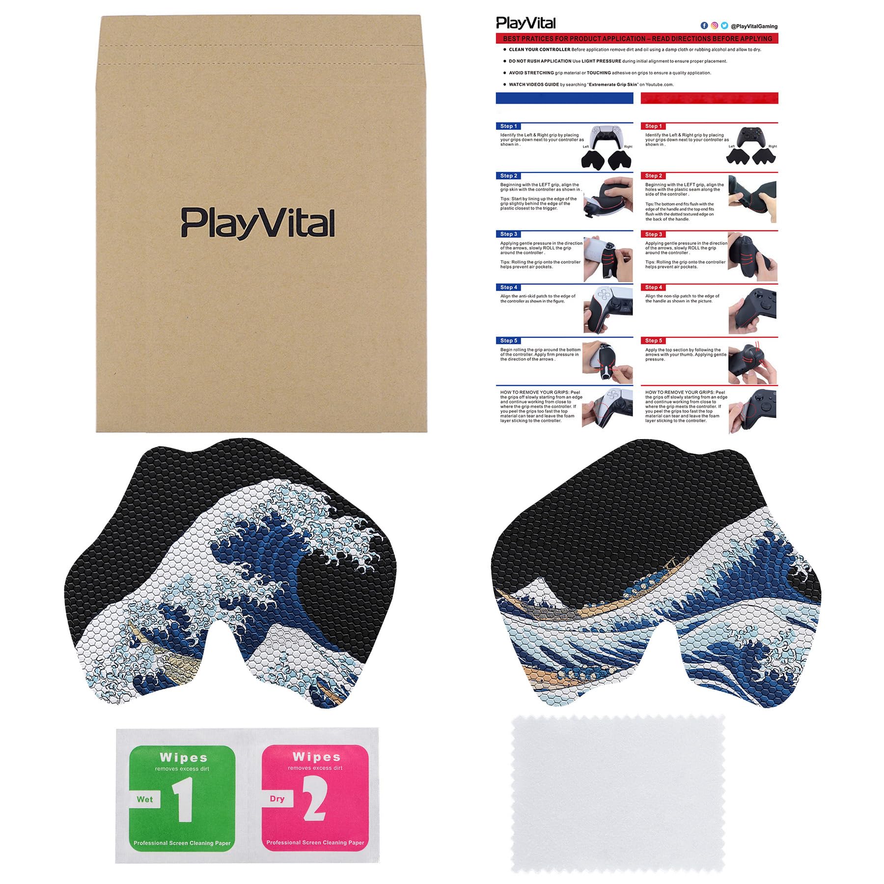 eXtremeRate PlayVital Anti-Skid Sweat-Absorbent Controller Grip for ps5 Controller, Professional Textured Soft Rubber Pads Handle Grips for ps5 Controller - The Great Wave Off Kanagawa