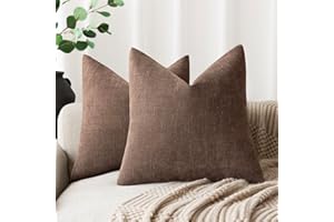 Foindtower Set of 2 Soft Textured Chenille Throw Decorative Pillow Covers Square Accent Solid Cushion Cover Cozy Neutral Farmhouse Pillow Case for Couch Sofa Bedroom Living Room 20x20 Inch, Chocolate