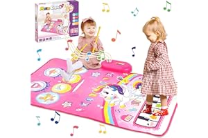 FLYART 3 in 1 Piano Drum Babies Play Mat, Piano Keyboard & Drum Animal Touch Unicorn Toys for Girls, Baby Toys for 1 Year Old Toddler Girl Toy Age 1-2 Birthday Gifts for 1 2 3 Year Old Girls (Unicorn Pink)