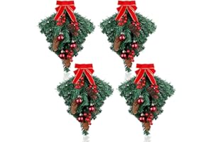 Hiboom 4 Pcs Christmas Teardrop Swag Ornament Christmas Swags Xmas Teardrop Artificial Berry Clusters Pine Cone Decorative Props Pendant with Red Bow for Indoor Outdoor Wall Door Hanging Decor