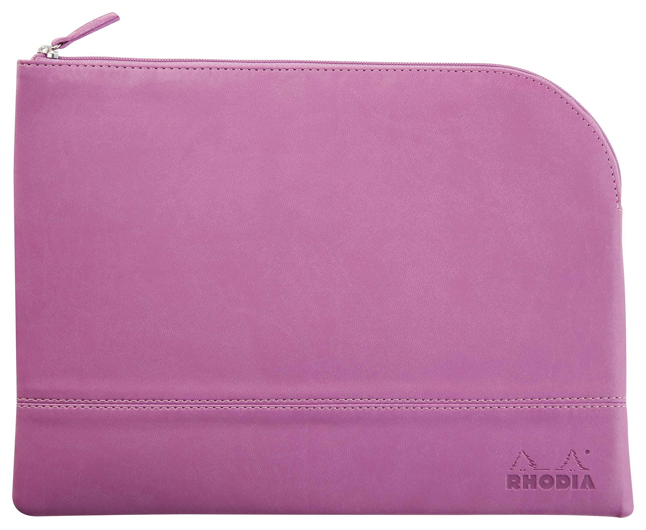 RHODIA 116741C - Faux Leather Zipped Pouch - Lilac - Size L (21 x 28 cm) - Genuine Stitching - Orange Fabric Inside - Storage for Documents, Small Supplies