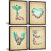 Canvbay 4 Pieces Teal Love Wall Art Medical Office Wall Decor Set Flower Caduceus Stethoscope Heart Anatomy Syringe Painting Print on Canvas for Home Hospital Clinic Black Framed 12x16inchx4pcs