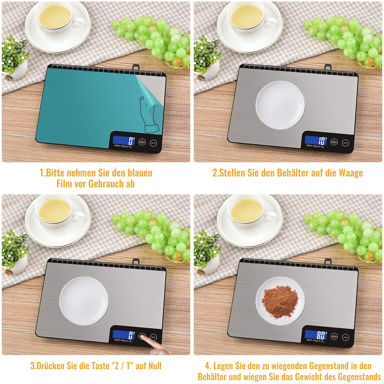 15kg Digitale Küchenwaage mit Lineal, Diyife Professionelle Digital Electronische Waage, Haushaltswaage aus Edelstahl, LCD-Anzeige, aufhängbar, 6 Einheiten, Tara-Funktion, mit Batterien 4