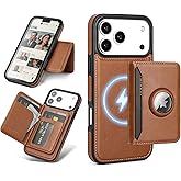 Antsturdy Compatible with MagSafe 2 in 1 Detachable Magnetic iPhone 17 Pro Max Case Wallet with AirTag Holder,Men Women PU Leather RFID Blocking Credit Card Holder Slots Flip Cover Kickstand,Brown