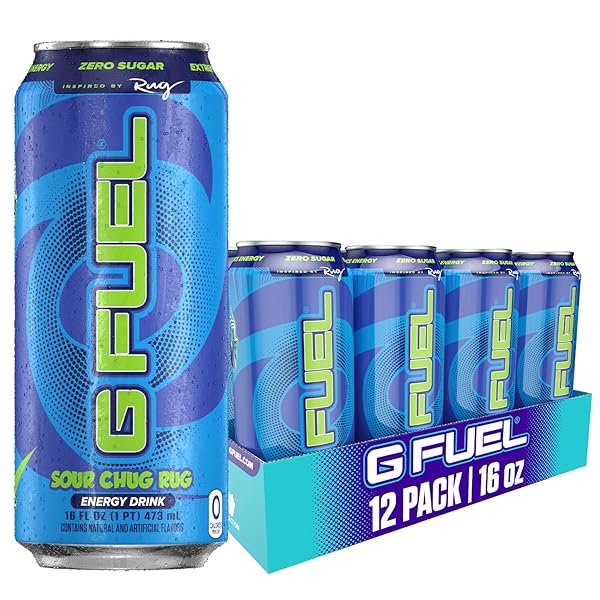 G FUEL ENERGY DRINK, SOUR BLUE RASPBERRY, SUGAR FREE BEVERAGE WITH 300MG CAFFEINE, DAILY ENERGY BOOST WITH FOCUS AMINO, VITAMIN + ANTIOXIDANTS, 16 OZ CANS (CHUG RUG, 12-PACK)