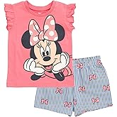 Disney Minnie Mouse Rainbow Floral T-Shirt and Chambray Shorts Outfit Set Infant to Big Kid Sizes (12 Months - 14-16)