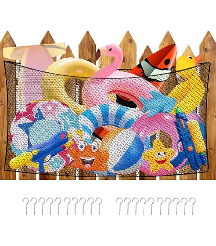 PAMASE Filet de rangement extra large pour jouets de piscine | Hangs on Pool Fence, Heavy-Duty Elastic Net with 20 Hooks, 71×47, Holds Rafts, Noodles & Balls, Quick-Drying, Space-Saving