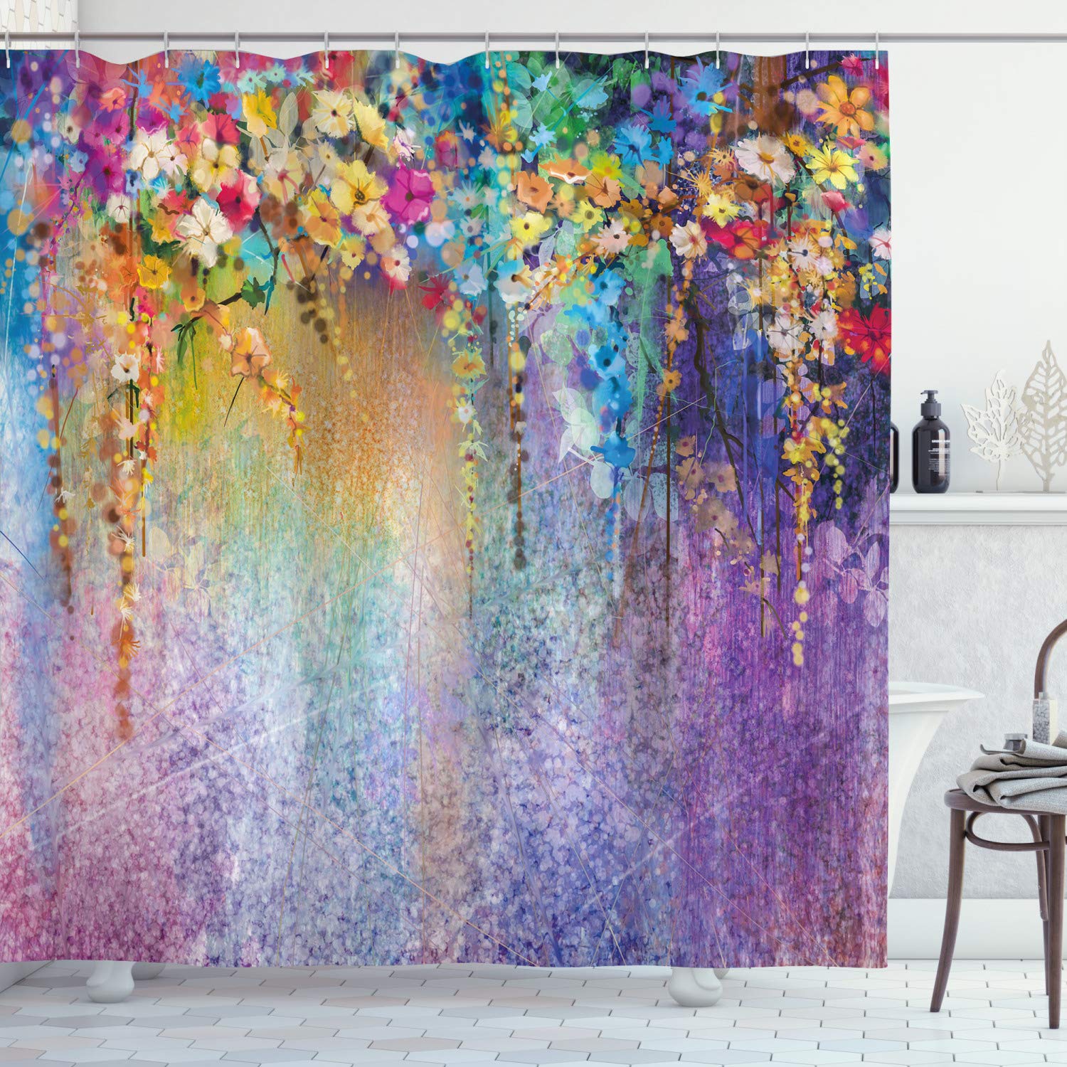 ABAKUHAUS Flower Shower Curtain, Abstract Herbs Weeds Alternative Medicine Blossoms Ivy Back Florets Shrubs Design, Cloth Fabric Bathroom Decor Set with Hooks, 175 x 240 cm, Violet Multicolor — image 1