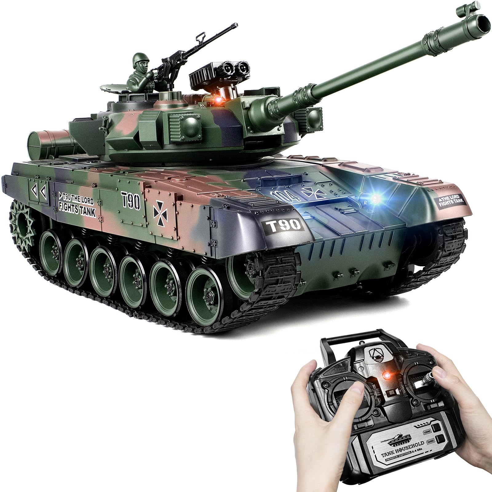 Supdex 1:18 RC Tank, 2.4Ghz RUS T-90 Remote Control Tank Model Toys, Battle Army with Smoke, Light Sound, Volume Switch, Military Toy for Adults and Kids That Shoots BBS, Water Bombs