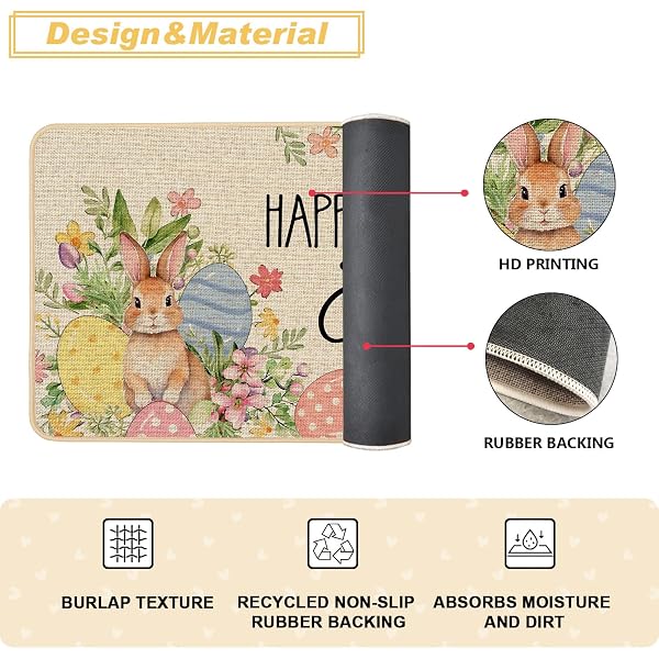 BACCESSOR HAPPY EASTER KITCHEN RUGS SET OF 2, BUNNY RABBITS COLORFUL EGGS FLOWERS KITCHEN MATS FOR FLOOR LOW-PROFILE EASTER HOLIDAY PARTY HOME DECORATION 17X29 AND 17X47 INCH