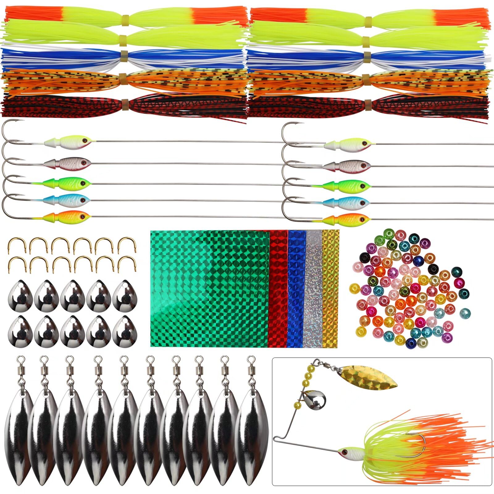 Dovesun Spinner Making Kit - 10pcs*10g(3/8OZ) Spinnerbaits & 15pcs Inline Spinners - Fishing Lure Kit - Multicolor - 107pcs