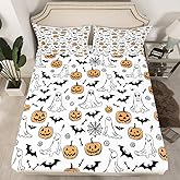 Feelyou Halloween Fitted Sheet Twin Size Ghosts Bedding Set for Boys Girls Teens Spiders Bed Sheet Set Pumpkin Bed Cover Room Decor White