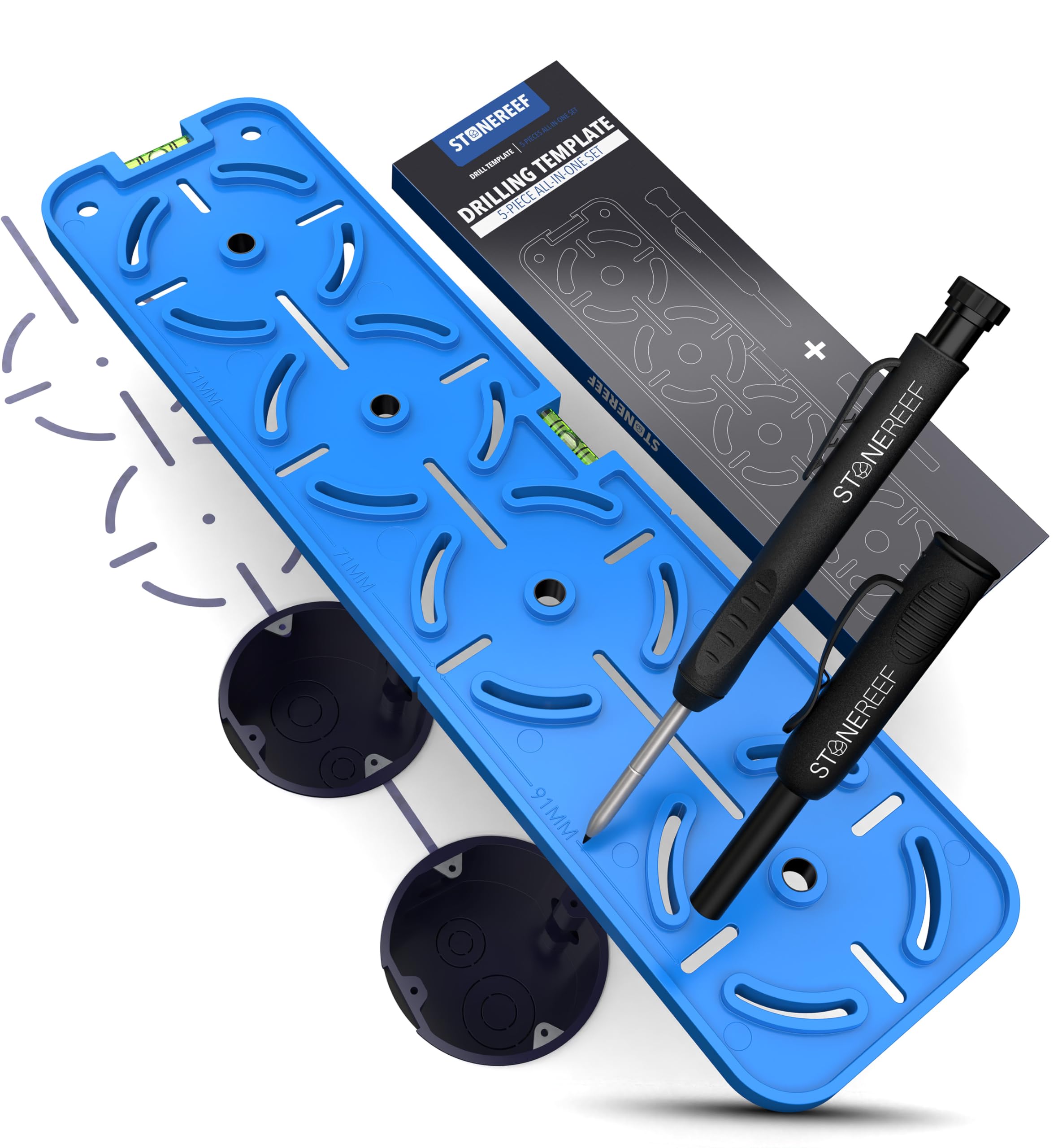 STONE REEF Drilling template for sockets [including deep hole marker] perfect for drywall, cavity boxes and flush-mounted box, electrician spirit level, template for drill bit, socket drill 71 mm and