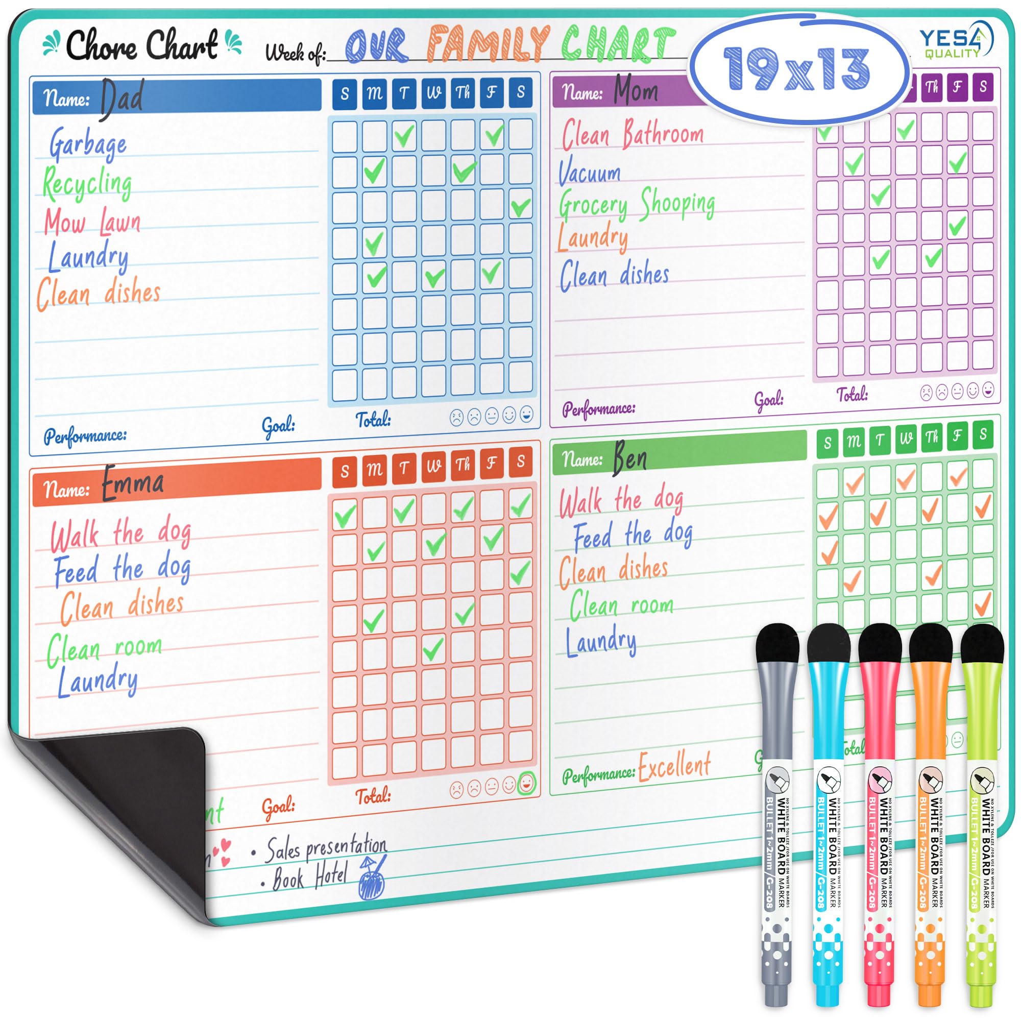 Yes4Quality - Magnetic Dry Erase Chore Chart - 48x33 cm - Behaviour Chart for Multiple Kids - Family Weekly Chores Checklist - Stain Resistant Planner for Fridge with 5 Colourful Markers