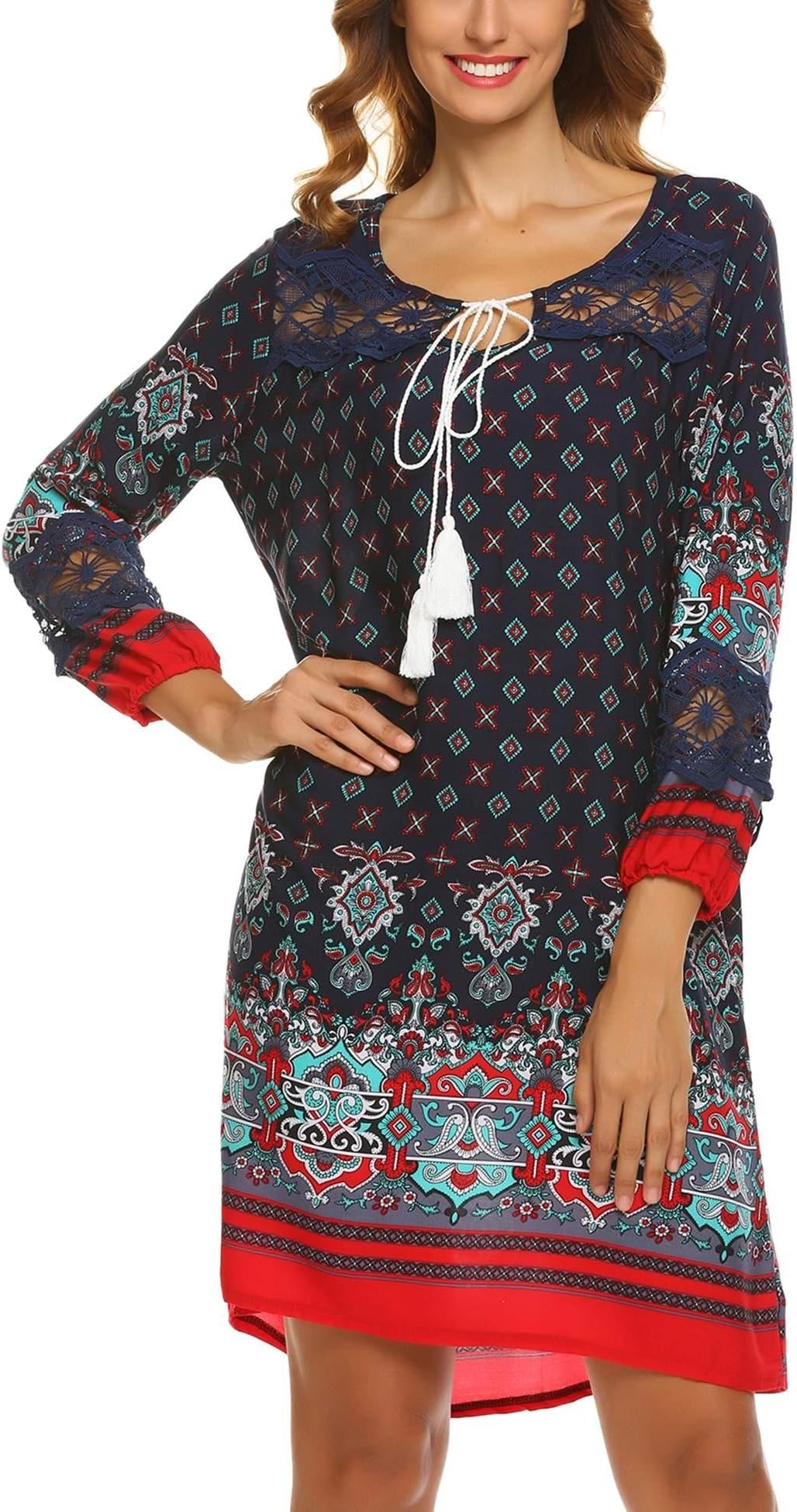 UNibelle Women 3/4 Sleeve Bohemian Neck Tie Vintage Printed Ethnic Style Loose Shift Tunic Dress