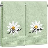 JarThenaAMCS 2Pcs Daisy Hand Towels Embroidered Summer Flower Bloom Cotton Bathroom Towel Green Soft Absorbent Dish Towel for Drying Cleaning Cooking, 13.3 x 29.1 Inch