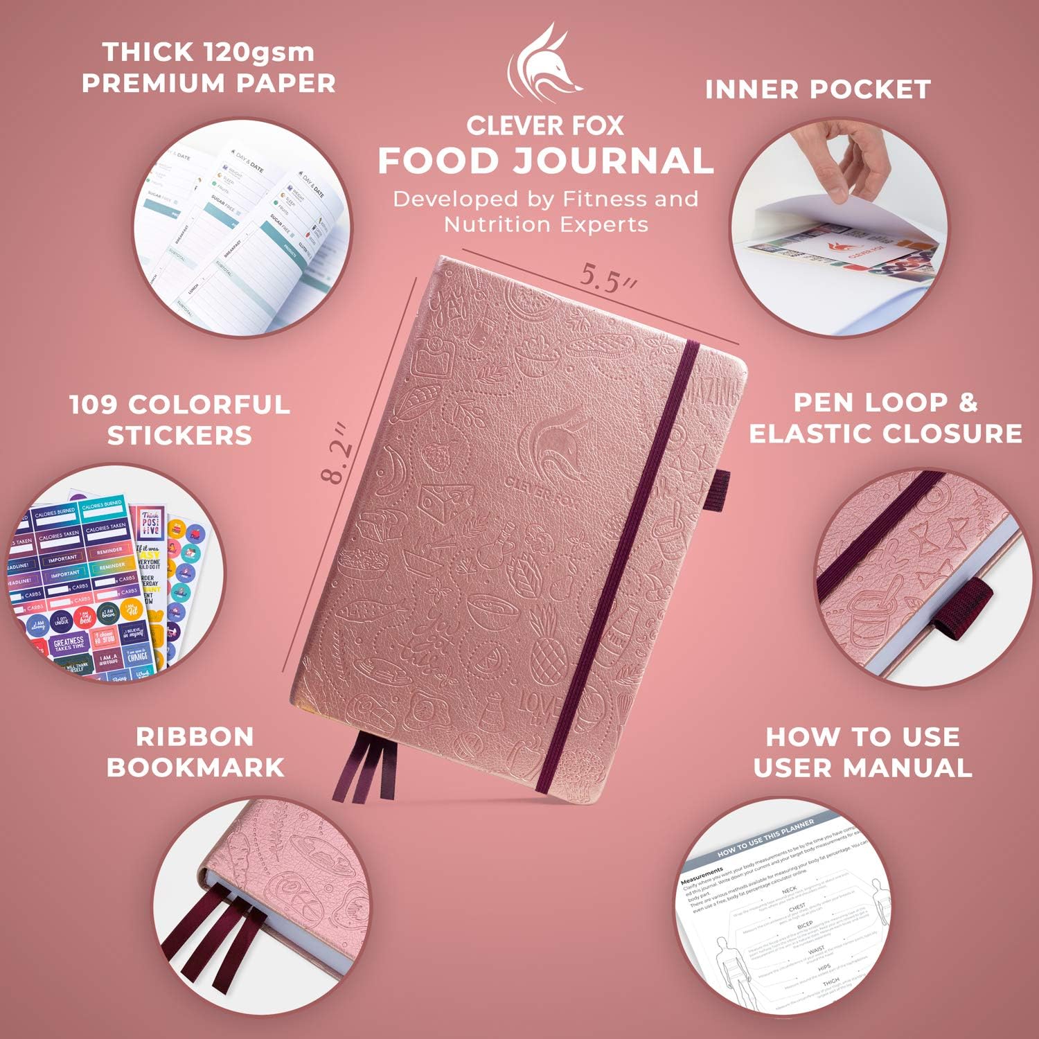 Clever Fox Food Journal - Daily Food Diary, Meal Planner to Track Calories & Nutrients, Weight Loss Tracker Notebook, A5 (Rose Gold) - Image 3