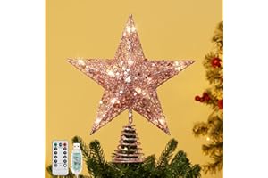 Lewondr Christmas Star Tree Topper, 11.4inch Sequins Xmas Tree Topper with 6H Timer & 8 Light Modes, Remote Control & USB Powered Star Treetop for Home Christmas Tree Decoration, 20 LED Bulbs, Pink