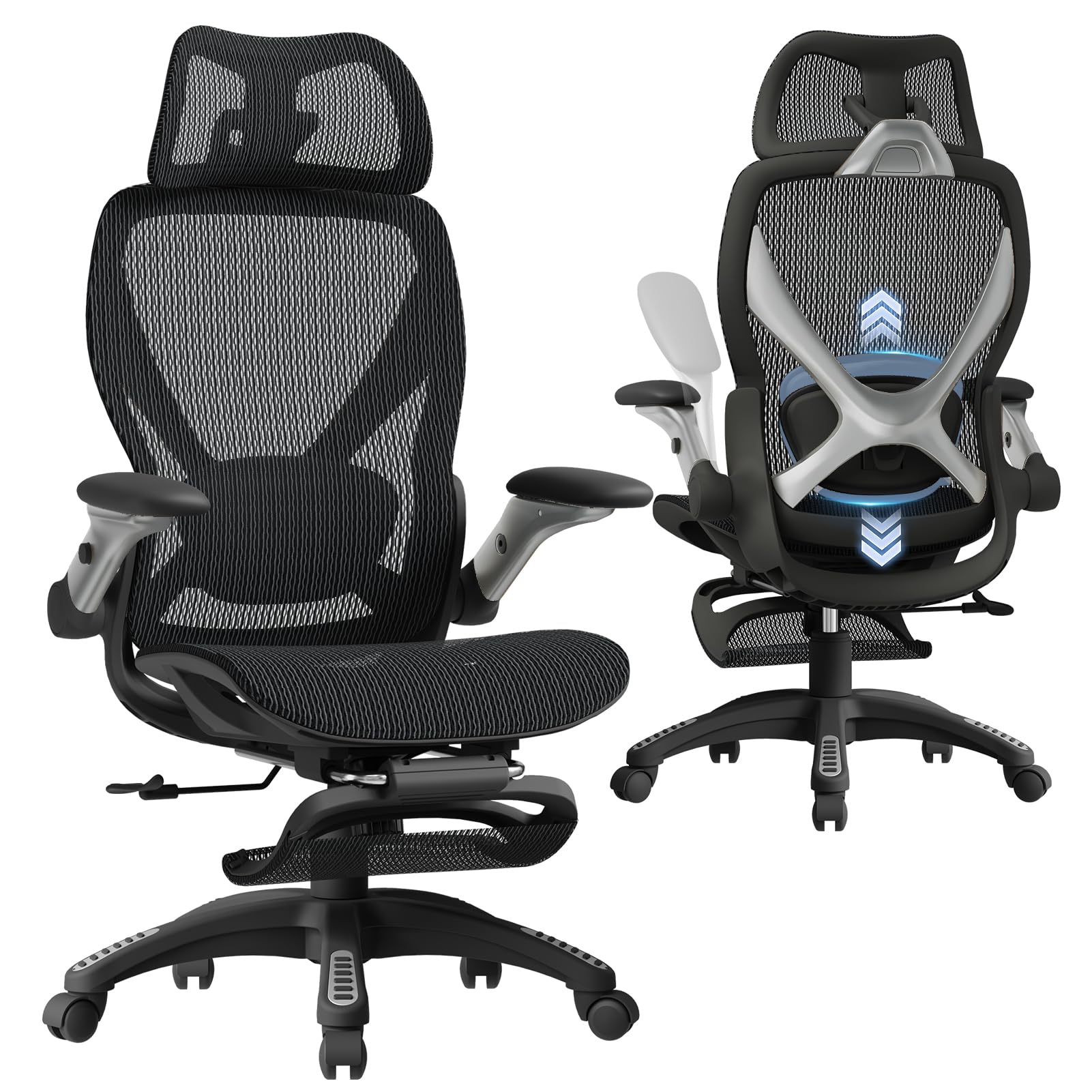 ELABEST X100 Ergonomic Mesh Office Chair with Footrest, Big and Tall Hone Desk Chair with 5D Flip-Up Arms, Adjustable 3D Lumbar Support,Gaming & Executive Computer Chairs
