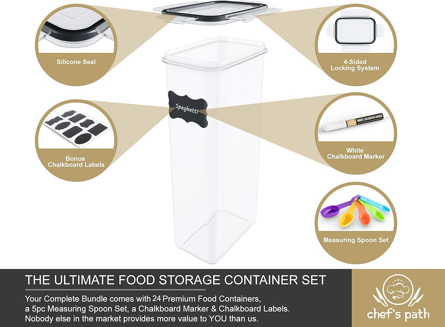 Chef's Path Airtight Food Storage Container Set - 24 PC - Kitchen & Pantry Organization - BPA-Free - Plastic Canisters with Durable Lids Ideal for Cereal, Flour & Sugar - Labels, Marker & Spoon Set -