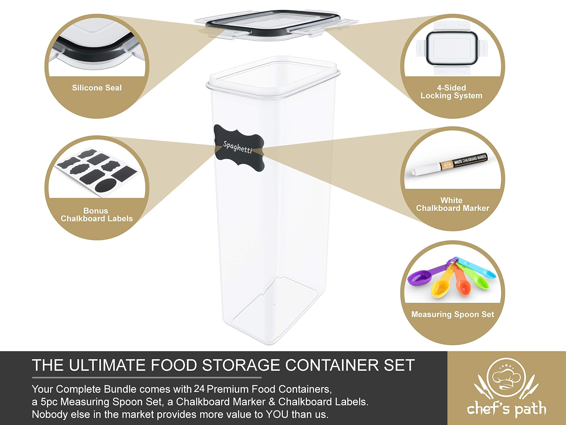 Chef's Path Food Seal Storage Container Set - Set of 24 - Kitchen Pantry Organizer - BPA Free - Plastic Canister with Sturdy Lid for Flour, Cereal Label, Marker, Spoon Set